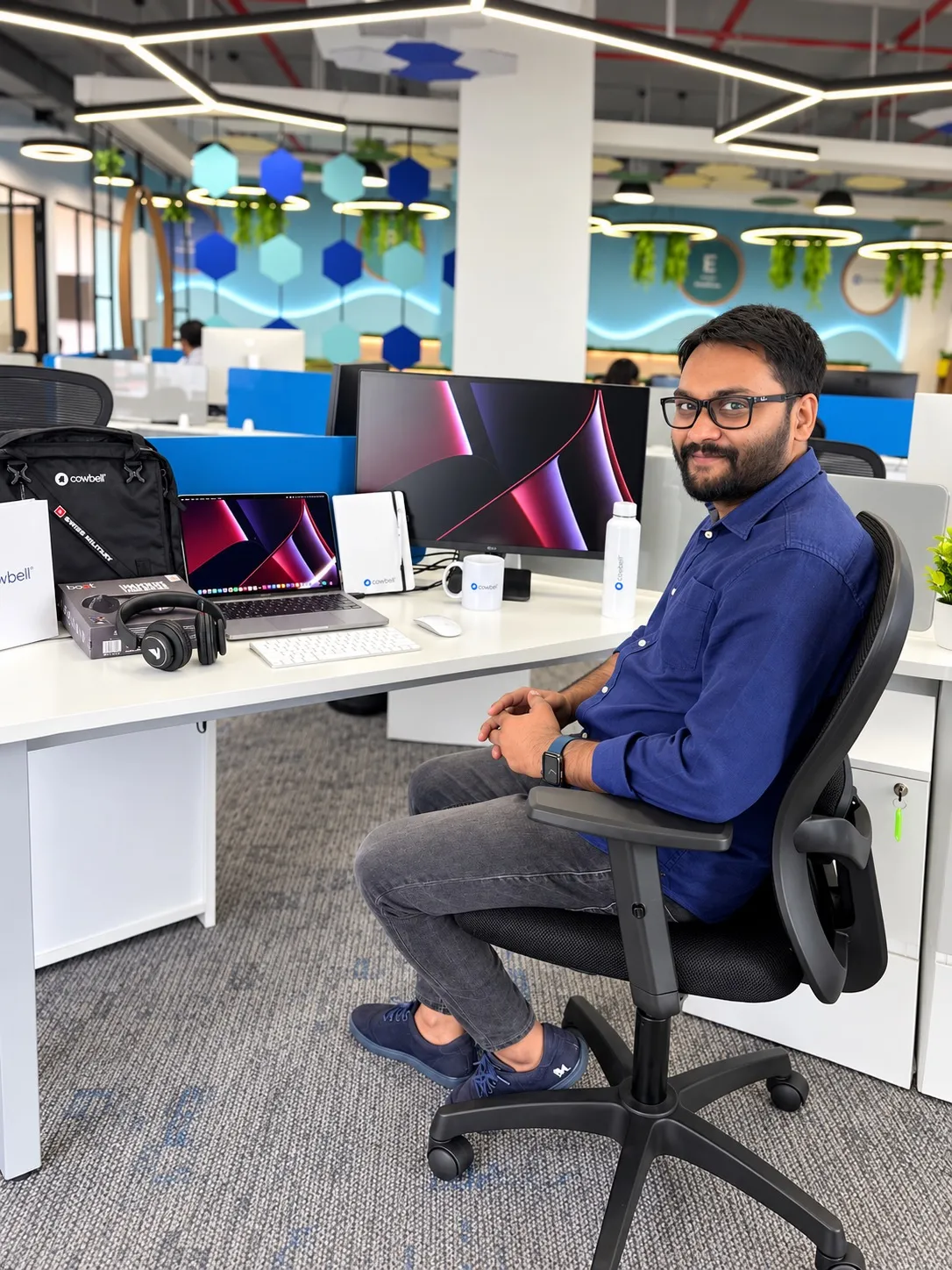 Kumar Gaurav at his new desk on his first day at Cowbell